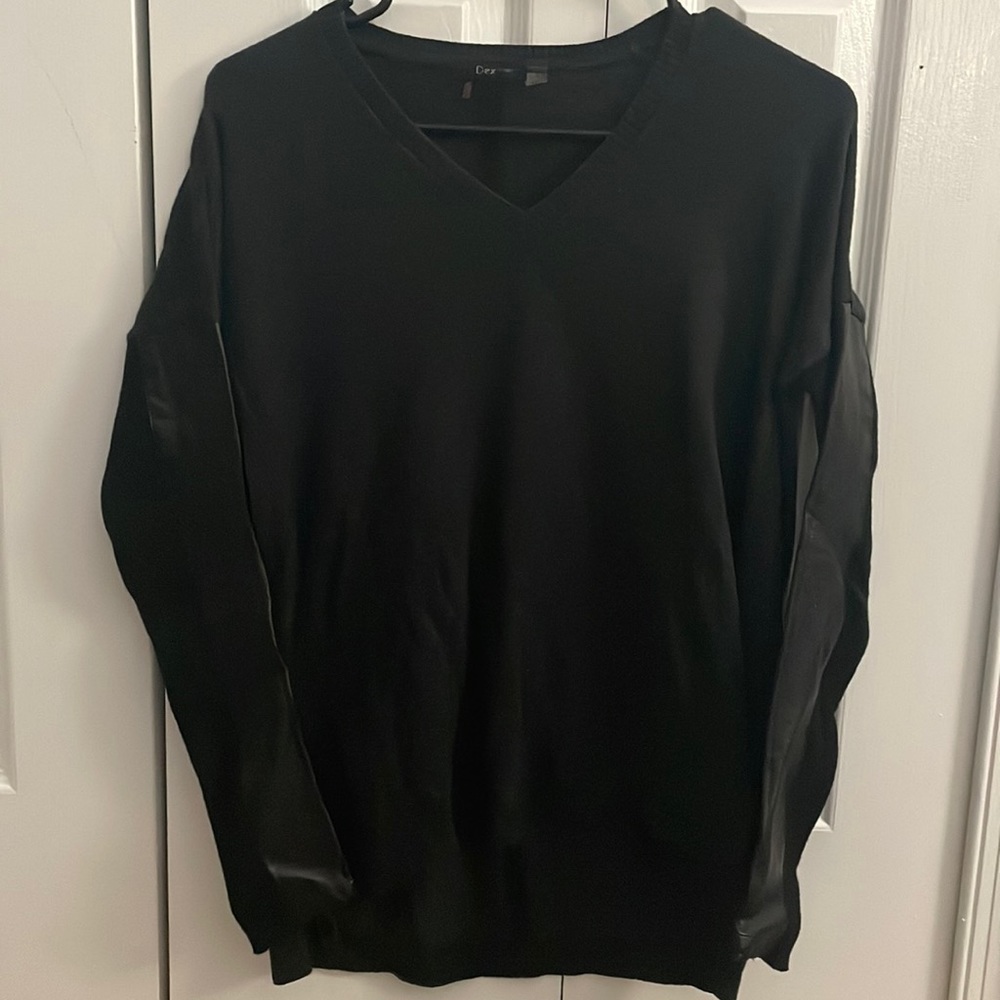 Black vneck sweater with faux leather sleeve details